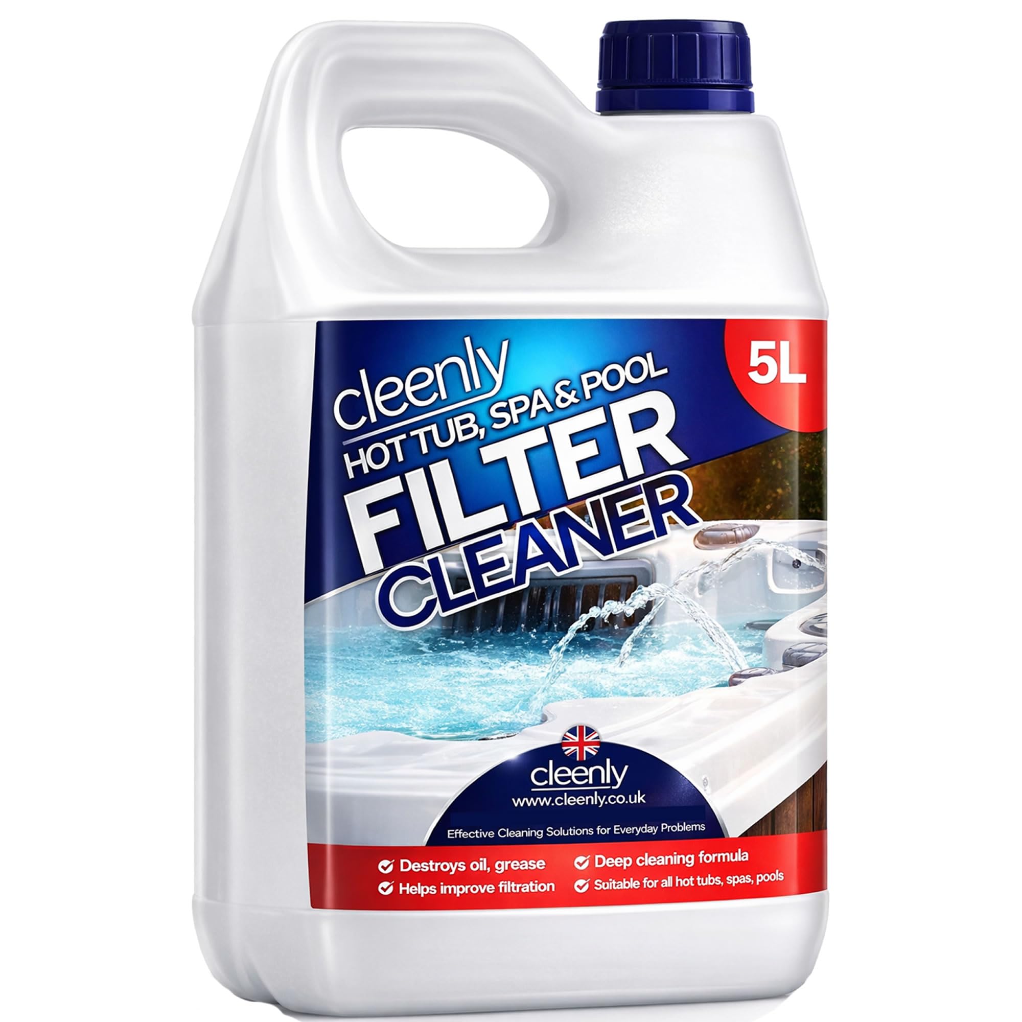 Cleenly Powerful Hot Tub Filter Cleaner Solution - for Hot Tub, Pool and Spa - Destroys, Oil, Grease, Minerals (5 Litres)