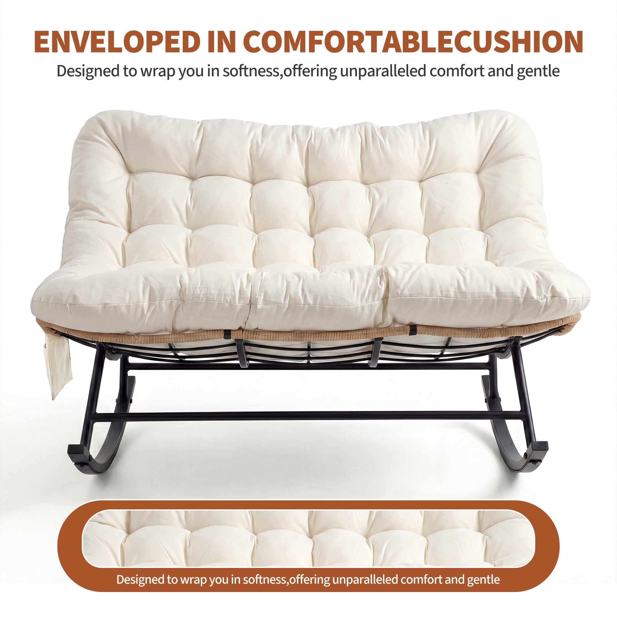 Garvee Fauteuil à Bascule Double Robuste 450 lbs – Dossier rembourré – Tissu imperméable – Cadre métal – Idéal Jardin, terrasse, Salon – Mobilier Moderne – Rotin Jaune et Coussins Beige Clair