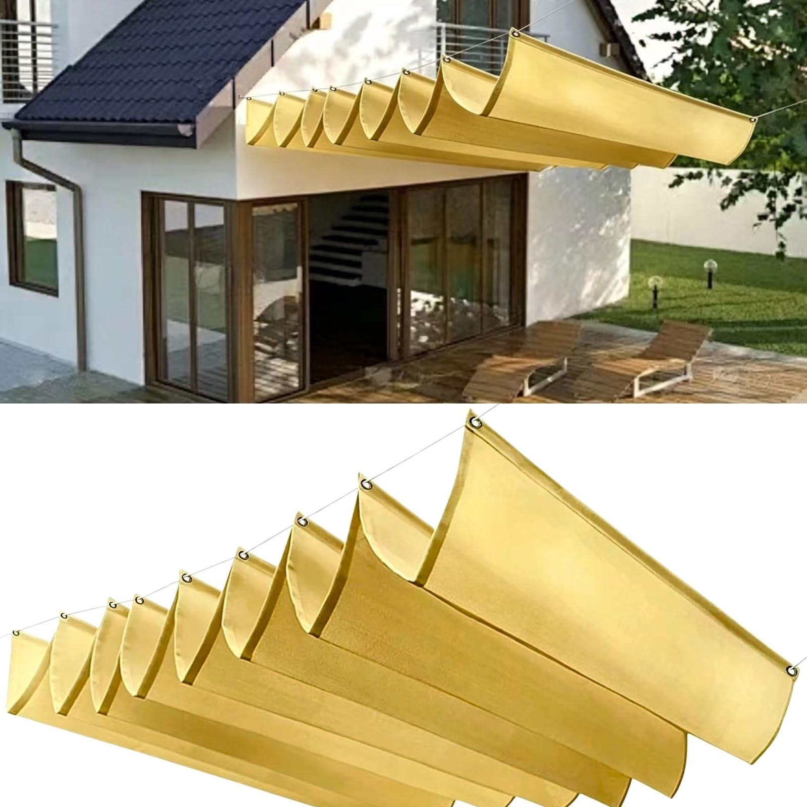 Wodoodporny Żagiel Przeciwsłoneczny 80x380cm Regulowany Na Zamówienie Żagiel Przeciwsłoneczny Typu Wave Z Oczkami I Sznurkiem Do Ogrodu Zewnętrznego, Patio, Trawnika, Piaskowy żółty