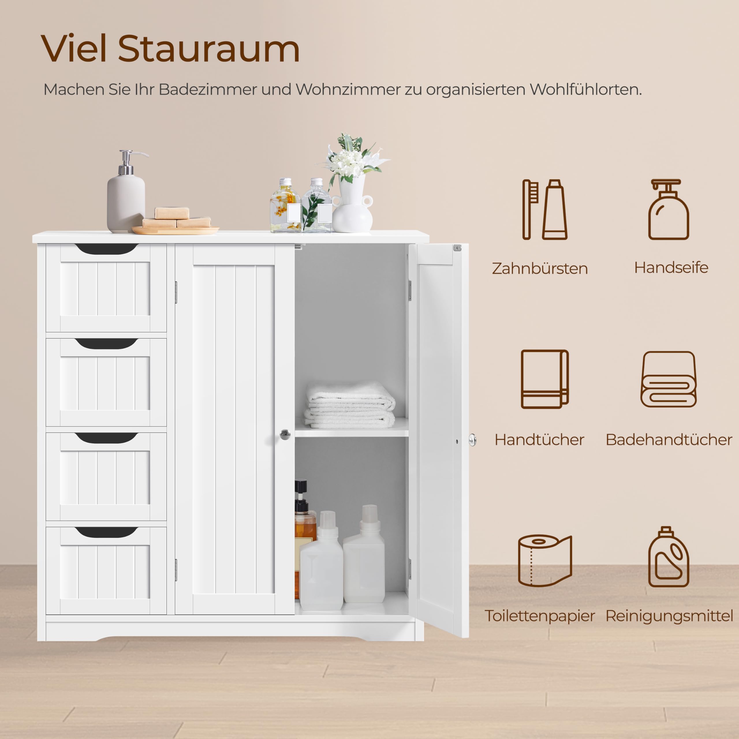 Yaheetech Badezimmerschrank Unterschrank Badkommode mit 4 Schubladen und 2 Türen Badschrank Bodenschrank mit höhenverstellbaren Einlegeboden fürs Badezimmer Wohnzimmer Flur Küche, Weiß