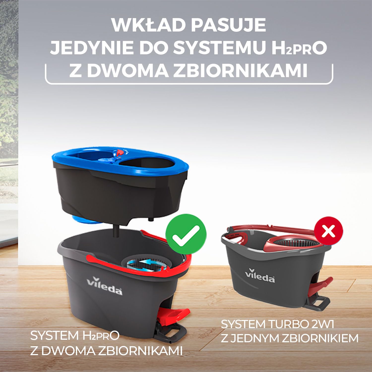 Vileda H2PrO zestaw mop z wiadrem – system 2 zbiorników z funkcją wyciskania | oddzielna woda czysta i brudna | mop z mikrofibry do paneli, płytek i parkietu