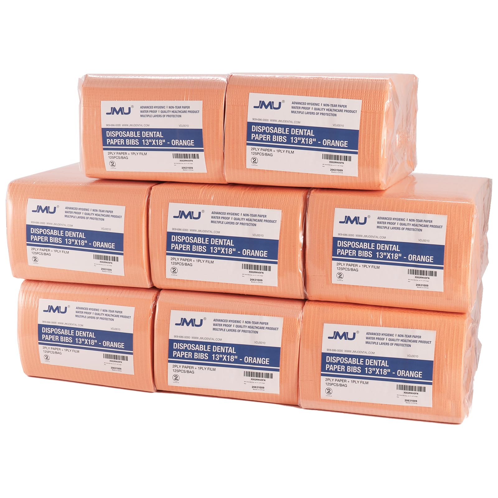 JMU 1000 Dental Bibs, 2-Ply Tissue 1-Ply Film, Dental Bibs Disposable Bulk 13" x 18" Orange（8 Bags of 125)