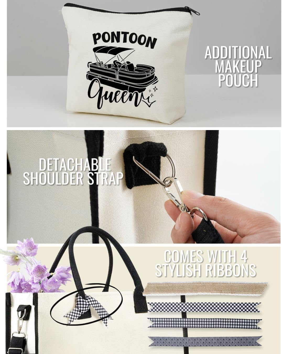 InnoBeta Pontoon Boat Gifts for Owners & Lovers, Pontoon Queen Gifts for Women, Canvas Tote Bag with Top Zipper Closure and Shoulder Strap for Birthday, Mother's Day, Christmas
