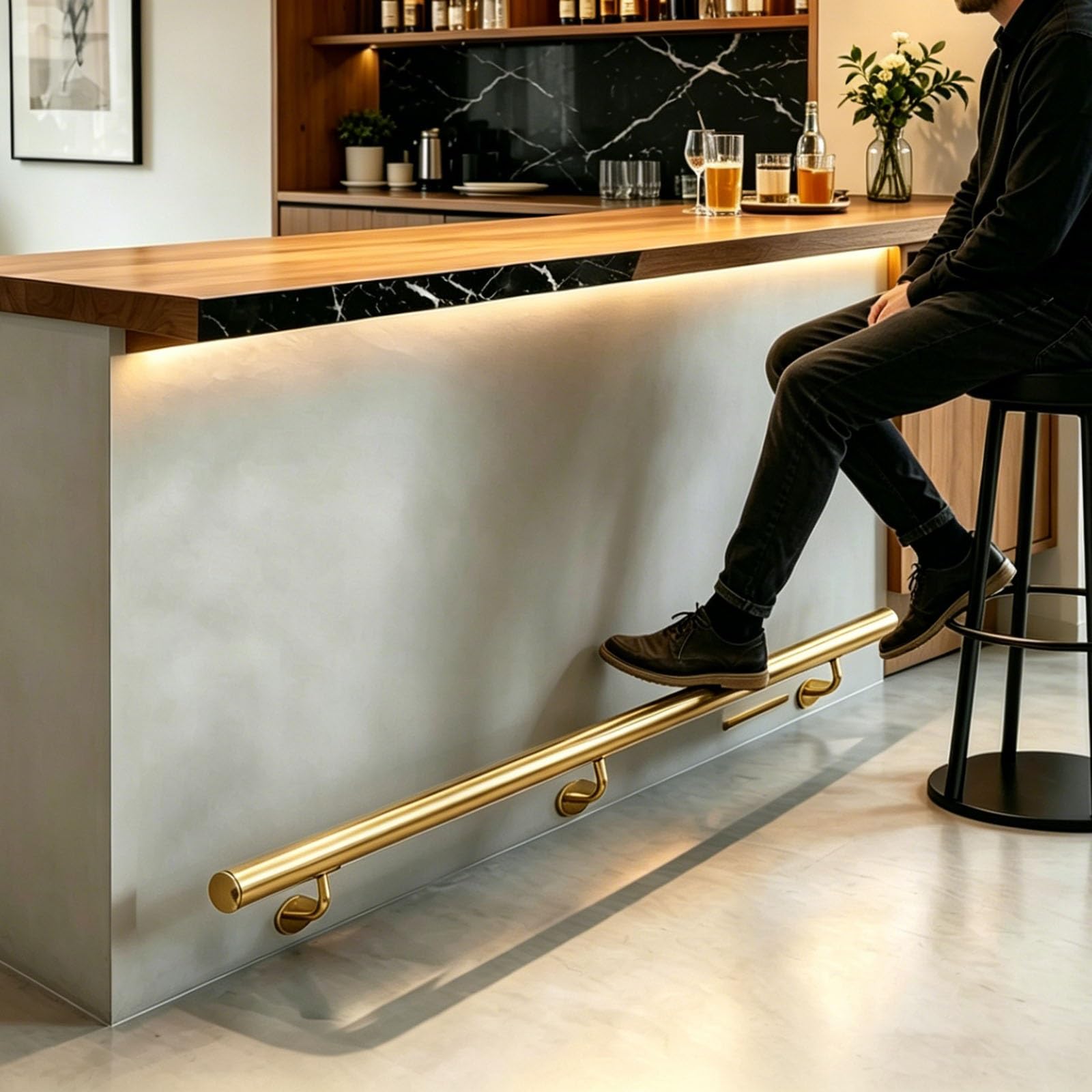 HDYZJQ Wall Mount Round Foot Railing for Bar/Open Kitchen/Commercial Western Restaurant, Indoors Small Foot Rest Rail Kit, Easy to Install Bar Footrail(Gold,470cm/15.4ft)