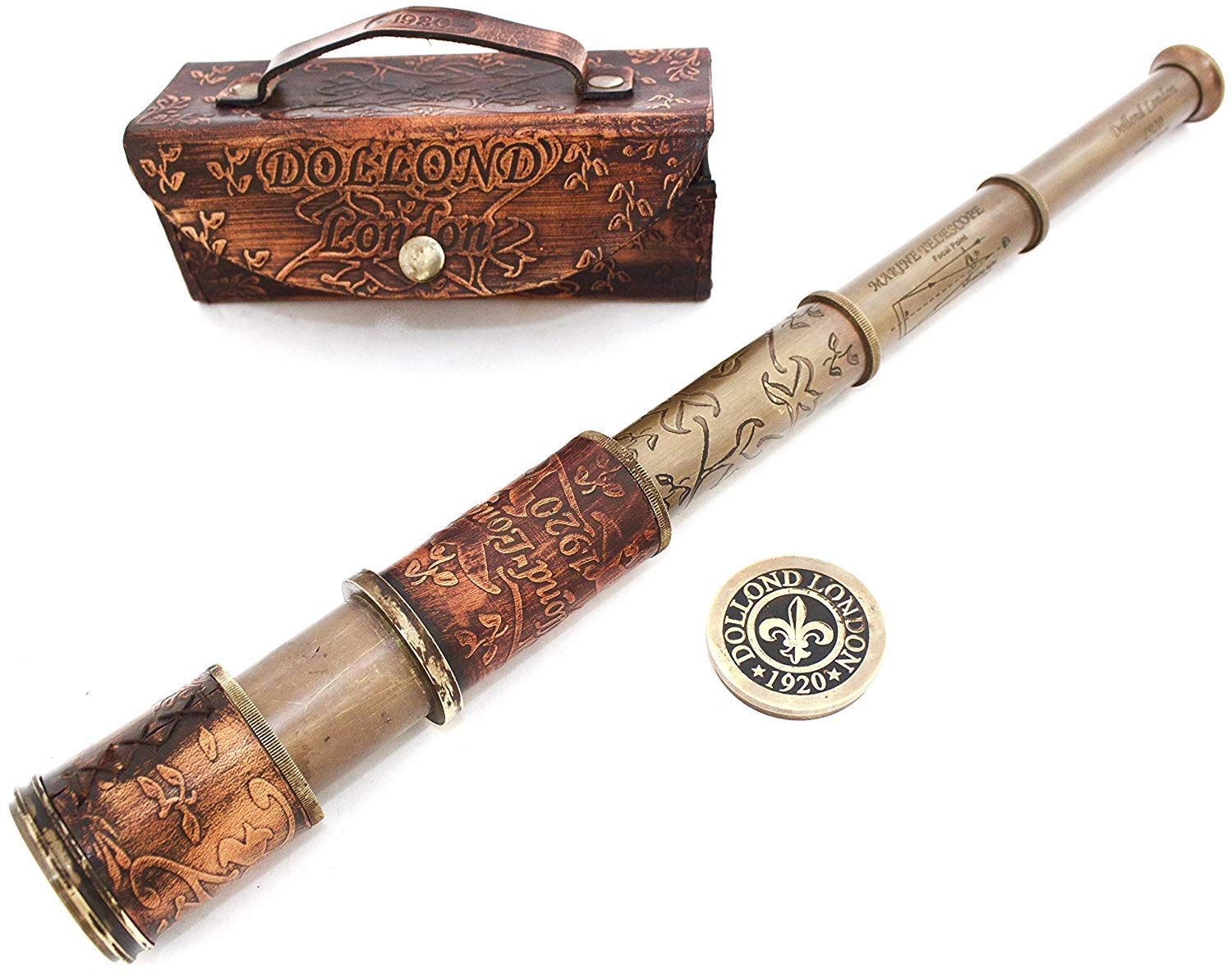 Telescopio da pirata in ottone con scatola in pelle, con cannocchiale in pelle, per marina Dolland, decorazione per la casa dei marinai, giocattolo per capitano dei pirati e barca, regalo