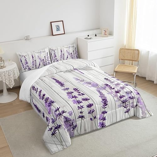 Miniatura 5 de Erosebridal Juego de ropa de cama de libélula para niñas, juego de edredón floral de lavanda para adultos y mujeres, juego de edredón de estilo