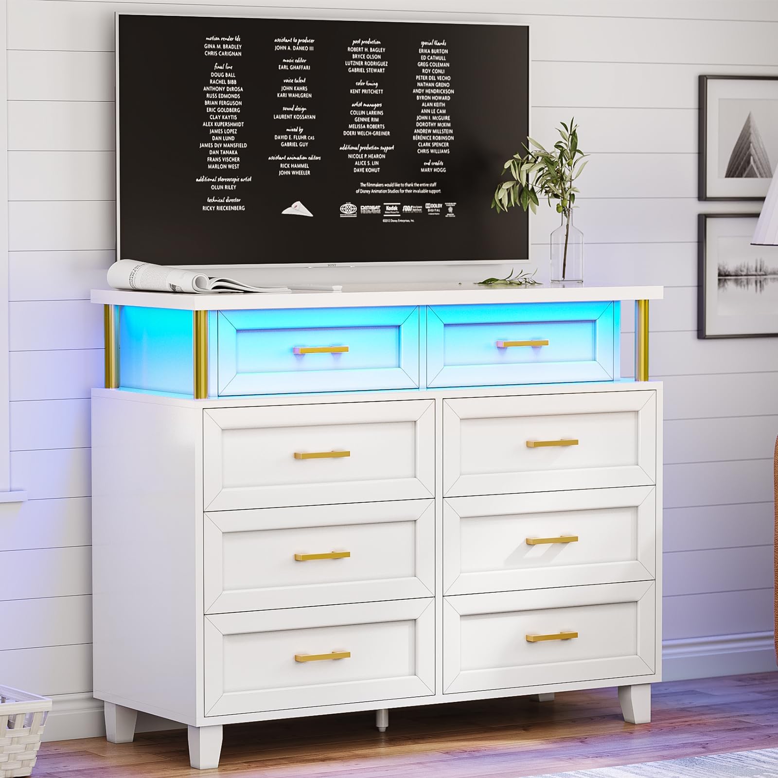 AOGLLATIDresser for Bedroom with Column Design, White Dresser with Cladding Process Design,8 Drawer Short Modern Wide Bedroom LED Dresser for Bedroom