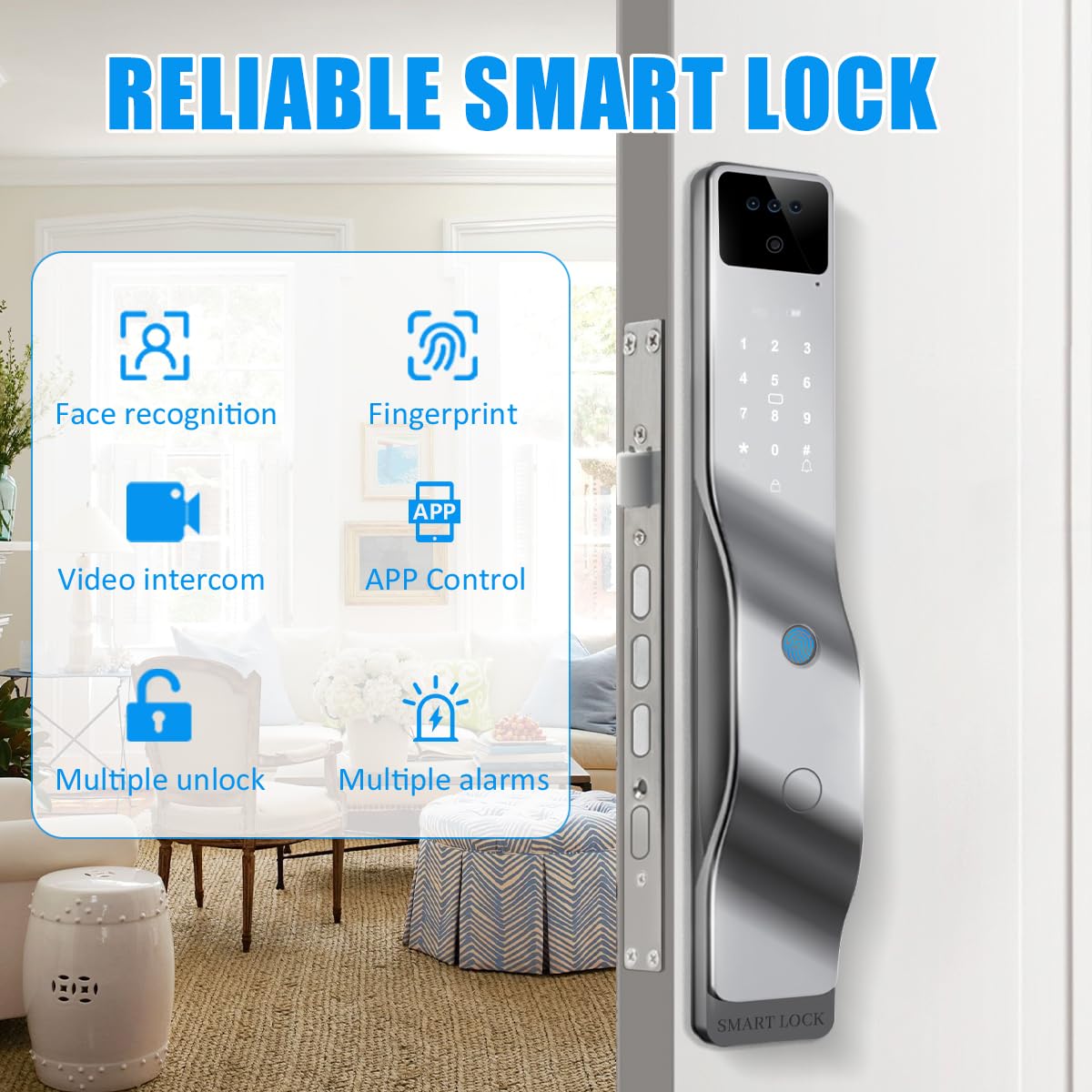 Sophies Serrure de porte intelligente avec caméra, serrure intelligente Wi-Fi entièrement automatique, reconnaissance faciale 3D, biométrie intelligente, empreintes digitales (verrouillage intelligent