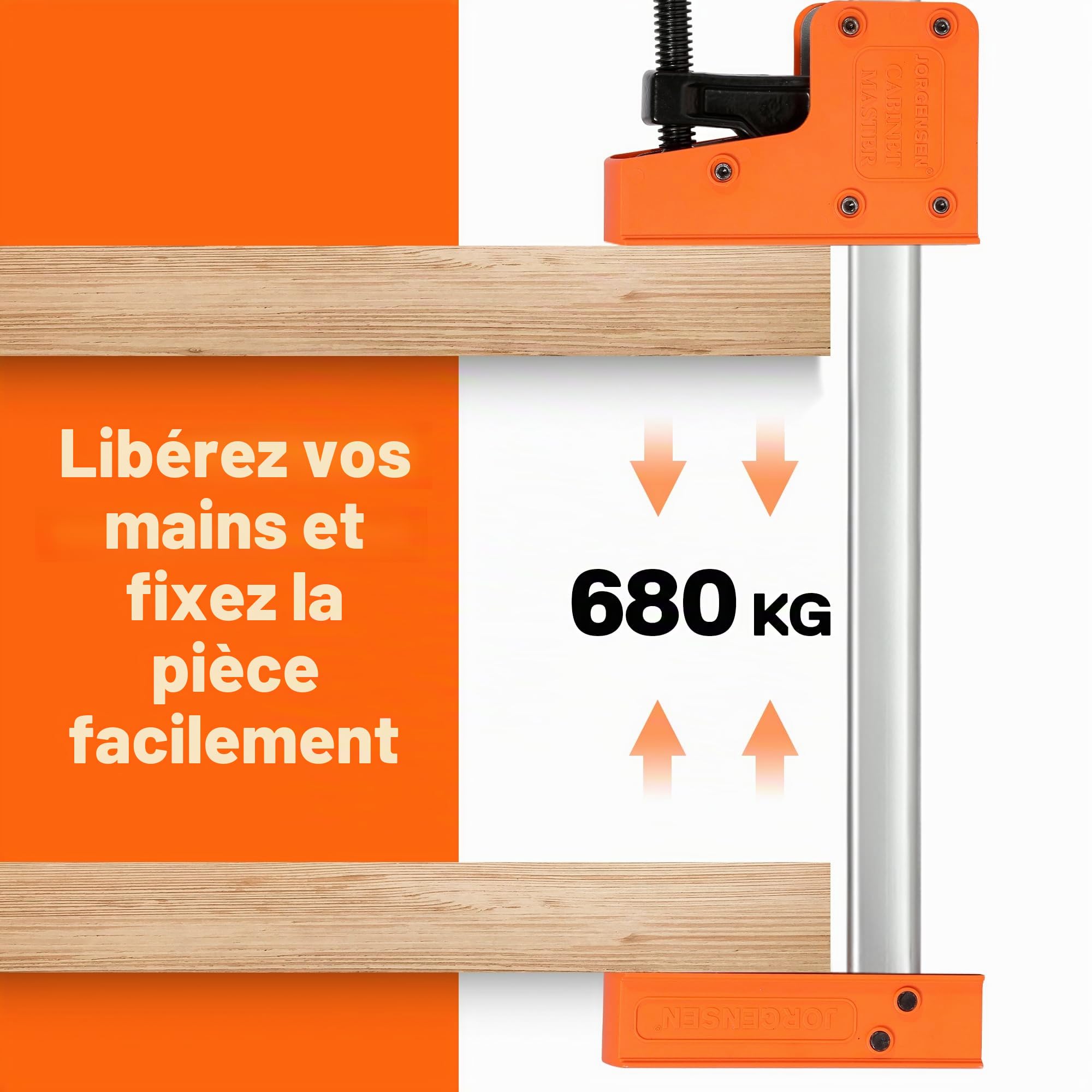 JORGENSEN Jeu de 2 Serre-joints à une Main en Acier et Nylon pour une Fixation Précise | Largeur de Serrage de 600 mm, Force de Serrage Maximale de 680 kg, Plage d'Étirement jusqu'à 770 mm