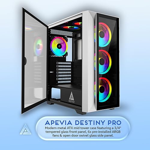 Miniatura 2 de Apevia Destiny-PRO-WH Destiny Pro Mid Tower - Funda para PC para juegos con 6 ventiladores ARGB de 4.724 in, 366 modos de luz RGB, 1 panel frontal