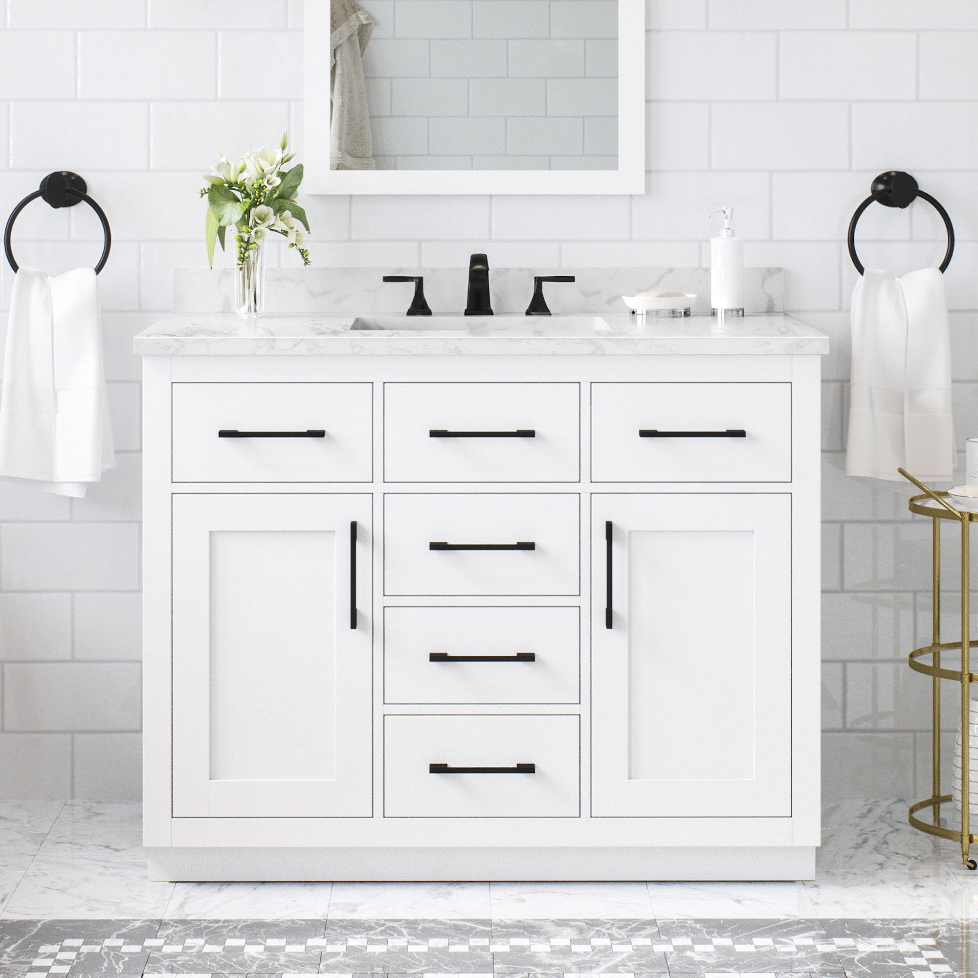 OVE Decors Athea 42" White Bathroom Vanity, Matte Black Hardware