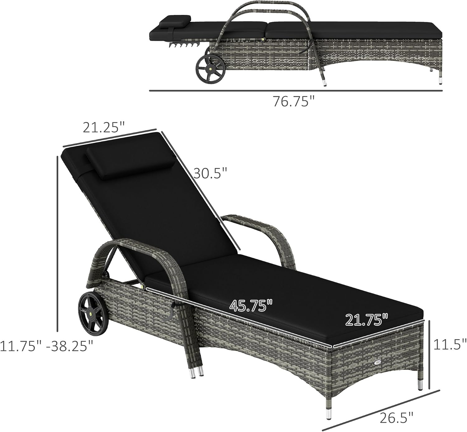 Outsunny Wicker Outdoor Chaise Lounge Set of 2, 5-Level Adjustable Backrest PE Rattan Pool Lounge Chair with Wheels, Cushion & Headrest, Mixed Gray and Charcoal Black