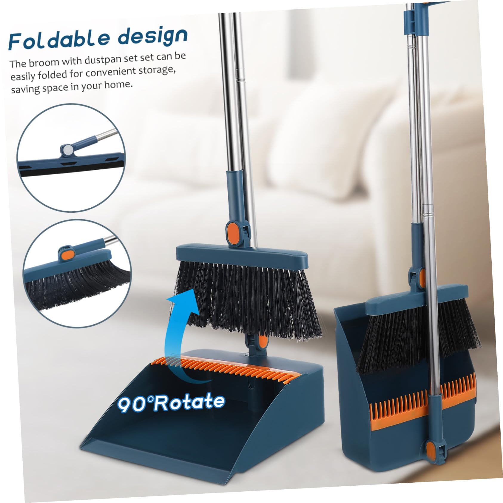 Escoba y Recogedor Plegables 3 Piezas Escoba Giratoria Mocha Azul Compacto para Limpieza Interior Hogar Oficina Uso Diario