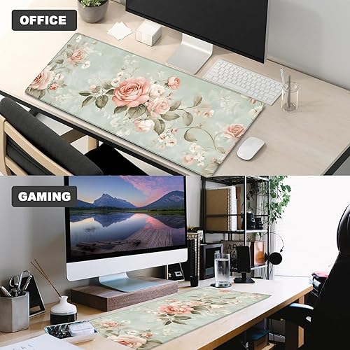 Miniatura 3 de Alfombrilla de mouse para juegos de rosa vintage pastel, alfombrilla de escritorio de goma antideslizante de 12 x 31.5 pulgadas con diseño floral