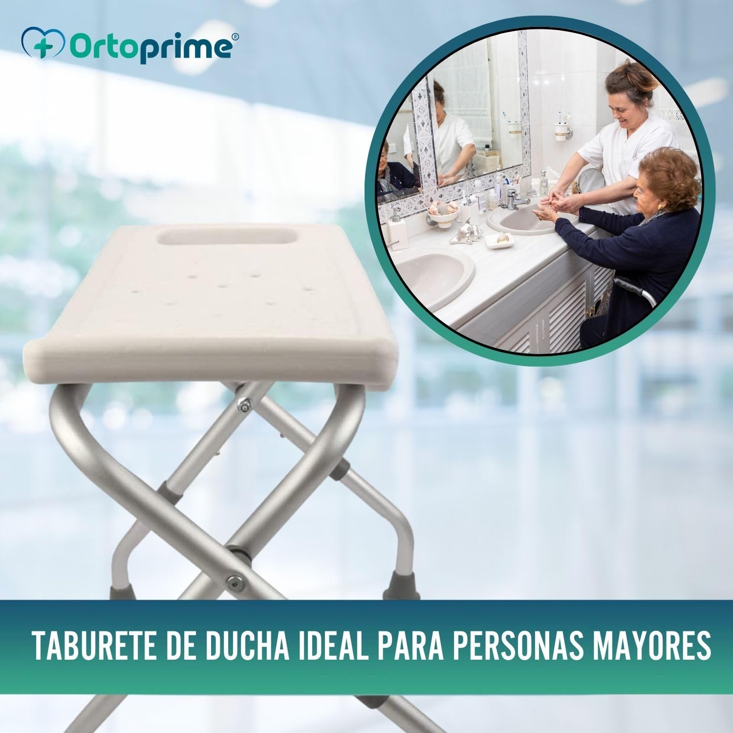OrtoPrime Taburete Baño Plegable - Silla para Ducha Ortopédica - Asiento Bañera Portátil - Banqueta Antideslizante - Taburete de Ducha para Ancianos o discapacitados - Banco de Ducha