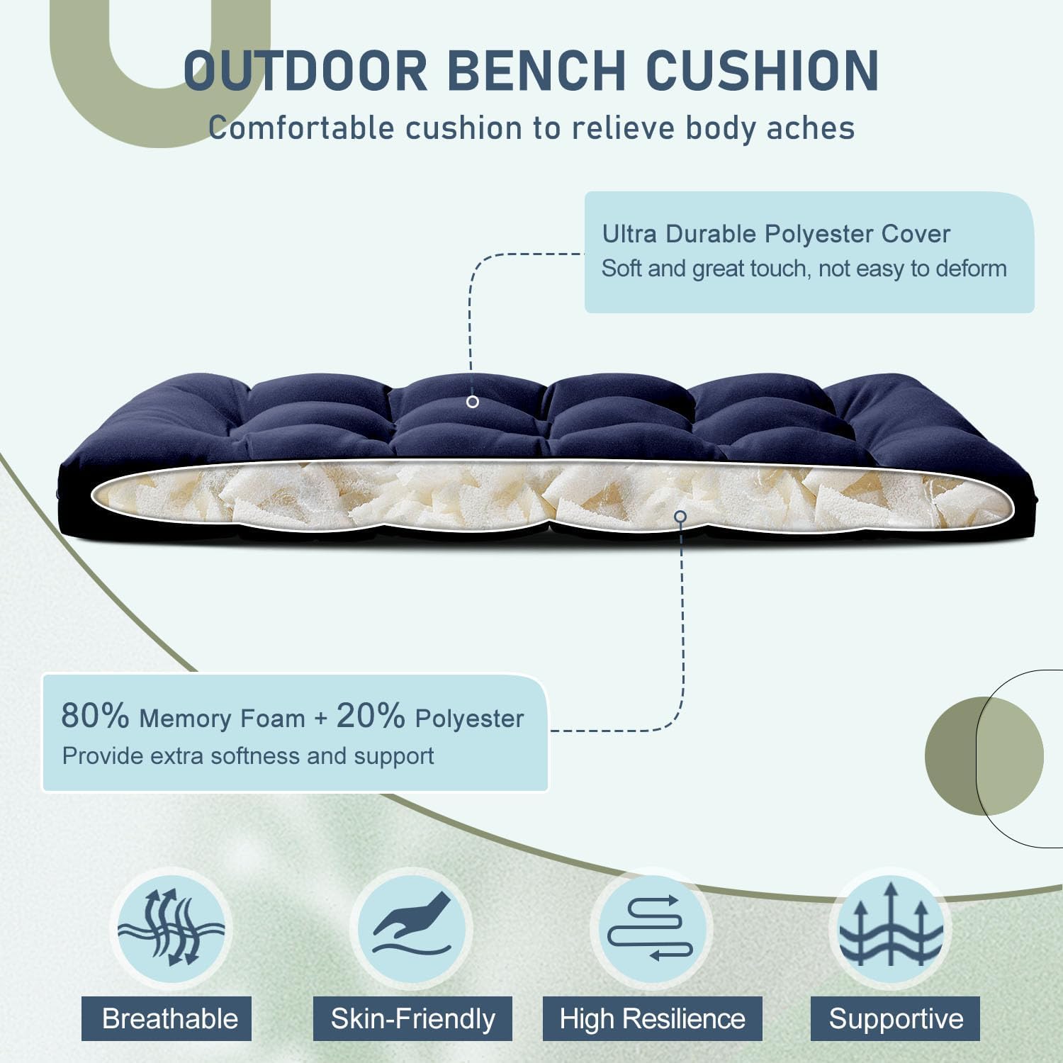 downluxe Outdoor Bench Cushion for Patio Furniture, Water Resistant Tufted Overstuffed Porch Swing Cushions, Thick Outdoor Loveseat Cushions, 44" X 19" X 5", Navy, Set of 1