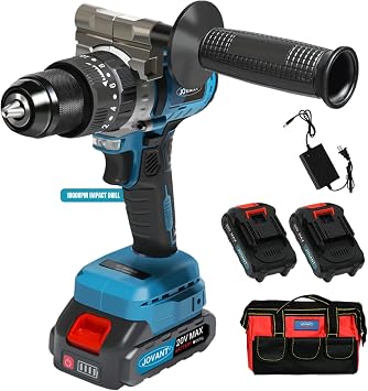 20V Max Cordless Hammer Drill, 1/2" Keyless All Metal Chuck Brushless Impact Drill, Compact Driver Drills for Metal, Wood, Thick Concrete -JOVANT 2 Batteries