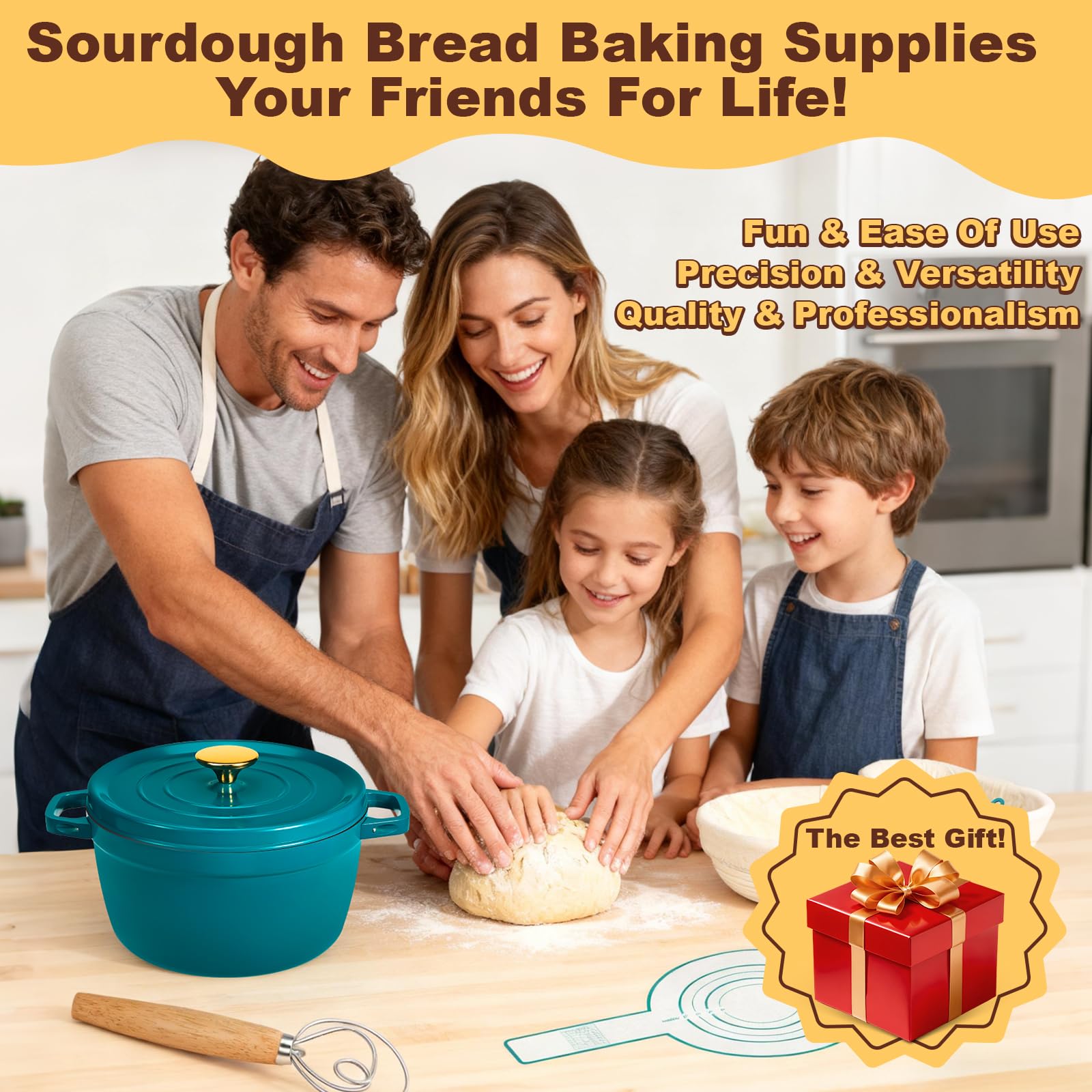 NZQXJXZ Sauerteig Brot Bakset mit Emaillepott und Gärkorb, Brotbackset, 100% Natürlichem Rattan Gärkörbchen, Gusseisen Topf Brot Backen Emailliert Set für für Anfänger und Erfahrener Bäcker