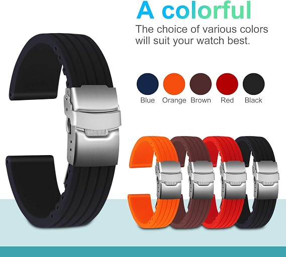 Silicone Watch Strap Replacement Rubber Watch Band Waterproof Stripe Pattern - 14mm, 16mm, 18mm, 20mm, 22mm, 24mm Watch Bracelet with Stainless Steel Deployment Buckle