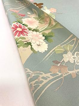 付け下げ 手描 金彩 扇面に四季の花 浜ちりめん 水色 正絹 反物