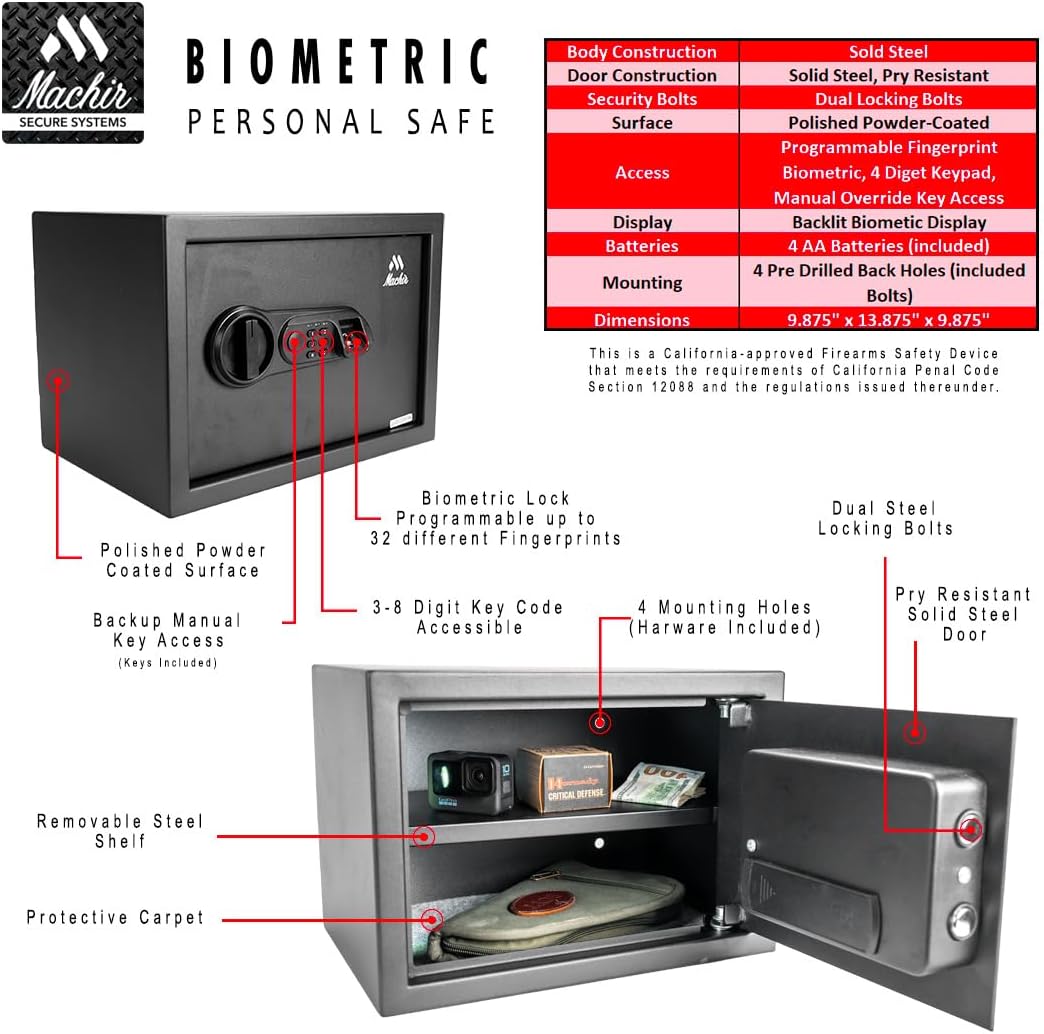 Machir Personal Biometric Steel Safe with Fingerprint Identification (Batteries Included)