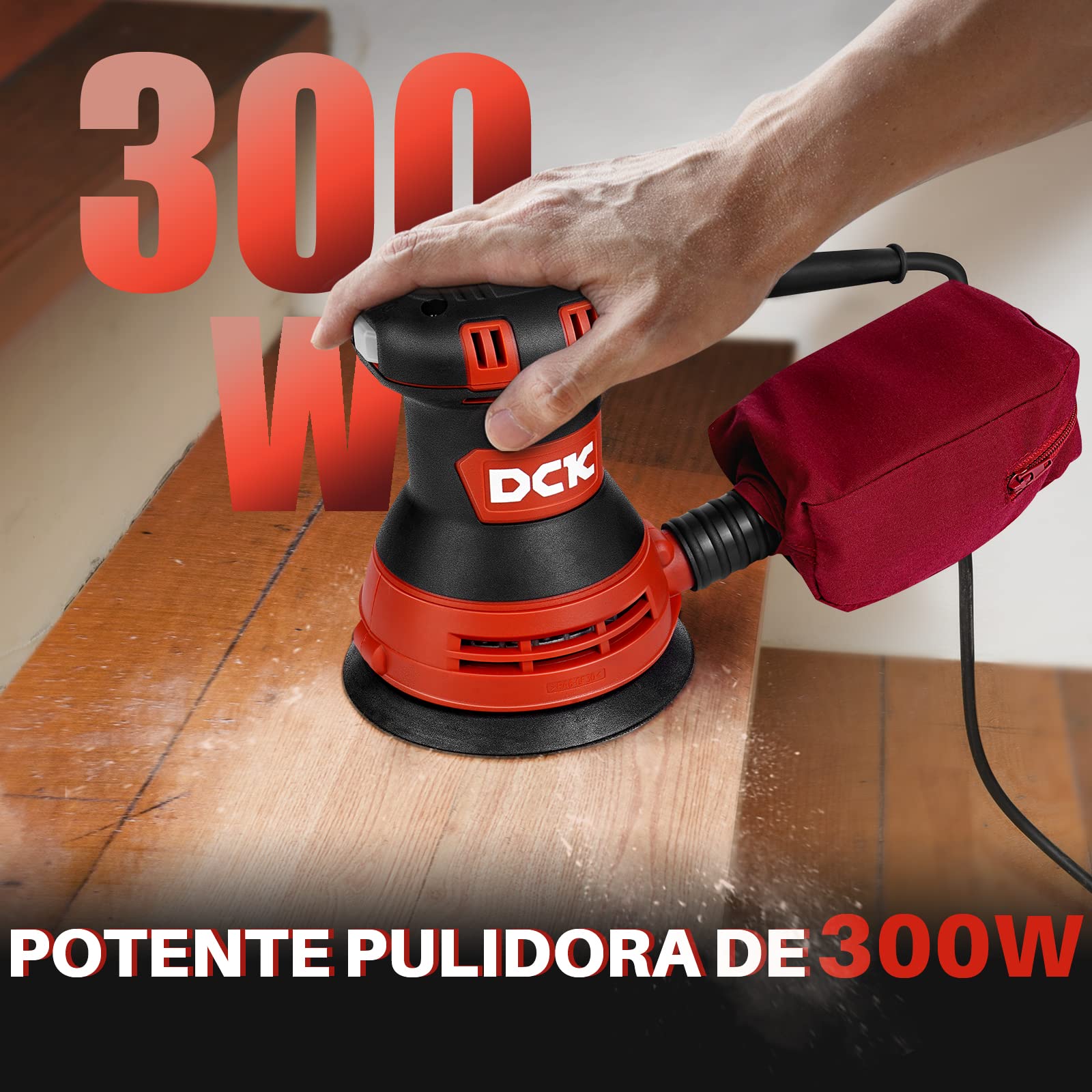 DCK Lijadora Orbital, 300W Lijadora de Madera, 6 Velocidades, 4000-12000/min, 125mm con 10 Papeles de Lija, Bolsa de Polvo, Baja Vibración, Lijadora para Madera, Decoración de Muebles (KSA125)