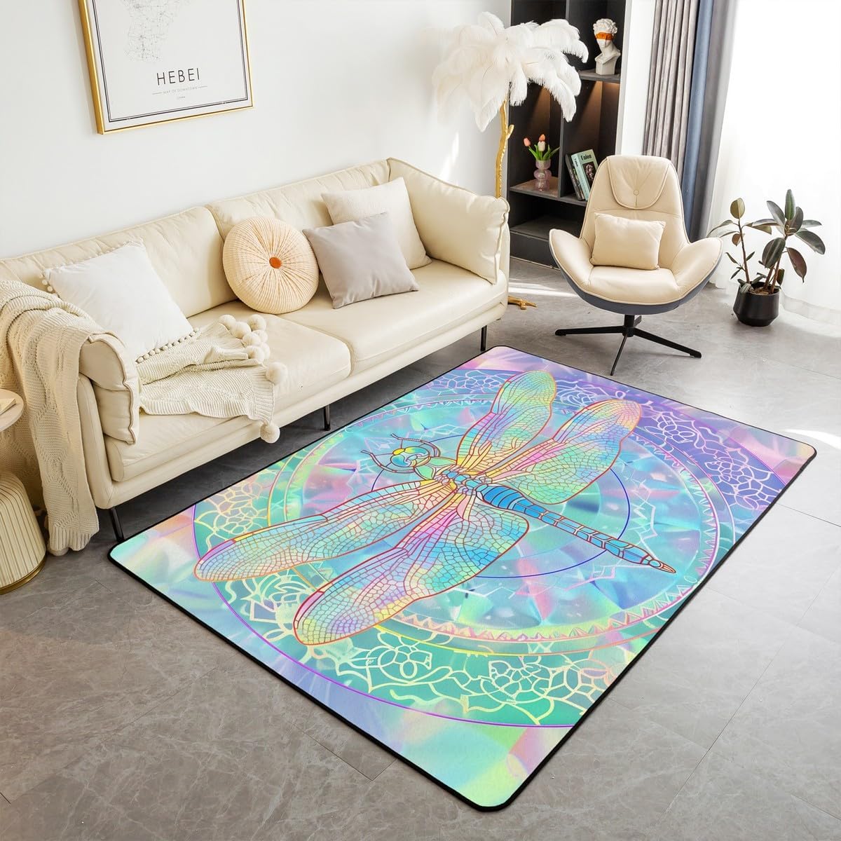 Erosebridal Dragonfly Area Rug 5x7, Colorful Flowers Printed Carpet for Living Room Bedroom, Laser Animals Insect Non Slip Indoor Floor Mat, Blue Pink Chic Kids Boys Girls Washable Decorative Rug