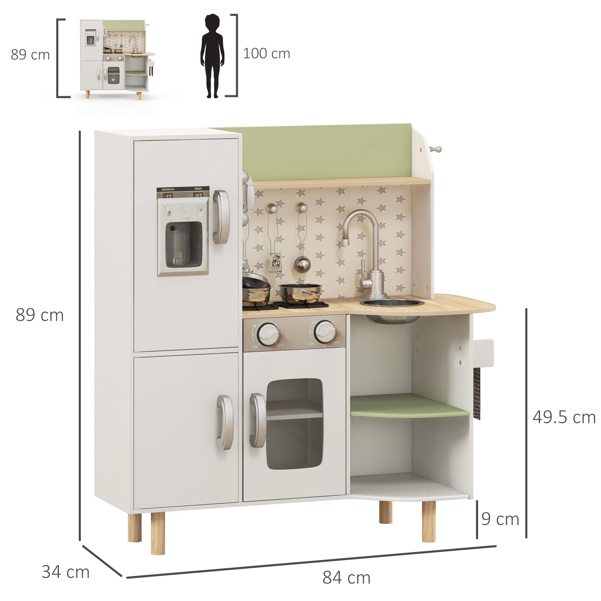 AIYAPLAY Cucina Giocattolo per Bambini 3-6 Anni con Macchina del Ghiaccio e Padelle, Cucina per Bambini con Ripiani e Armadietti per Utensili e Stoviglie, 84x34x89 cm, Bianco e Verde