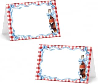 Place Cards For Table Setting, Soda Place Cards, Summer Party Table Name Card For Baby Shower Weddings Birthdays, Blue Bow Seating Card For Party, Retro Picnic Decorations Supplies, A01