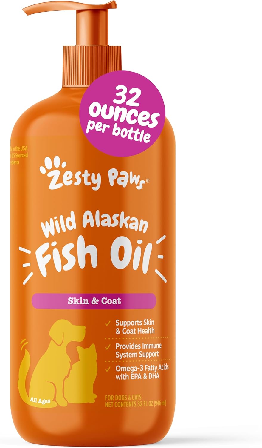 Zesty Paws Wild Alaskan Fish Oil for Dogs & Cats - Pollock & Salmon Oil Blend - Omega 3 Fatty Acids EPA & DHA for Pets - for Sensitive Skin + Coat Health - Immune System Support - 32 fl oz