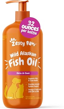 Zesty Paws Wild Alaskan Fish Oil for Dogs & Cats - Pollock & Salmon Oil Blend - Omega 3 Fatty Acids EPA & DHA for Pets - for Sensitive Skin + Coat Health - Immune System Support - 32 fl oz