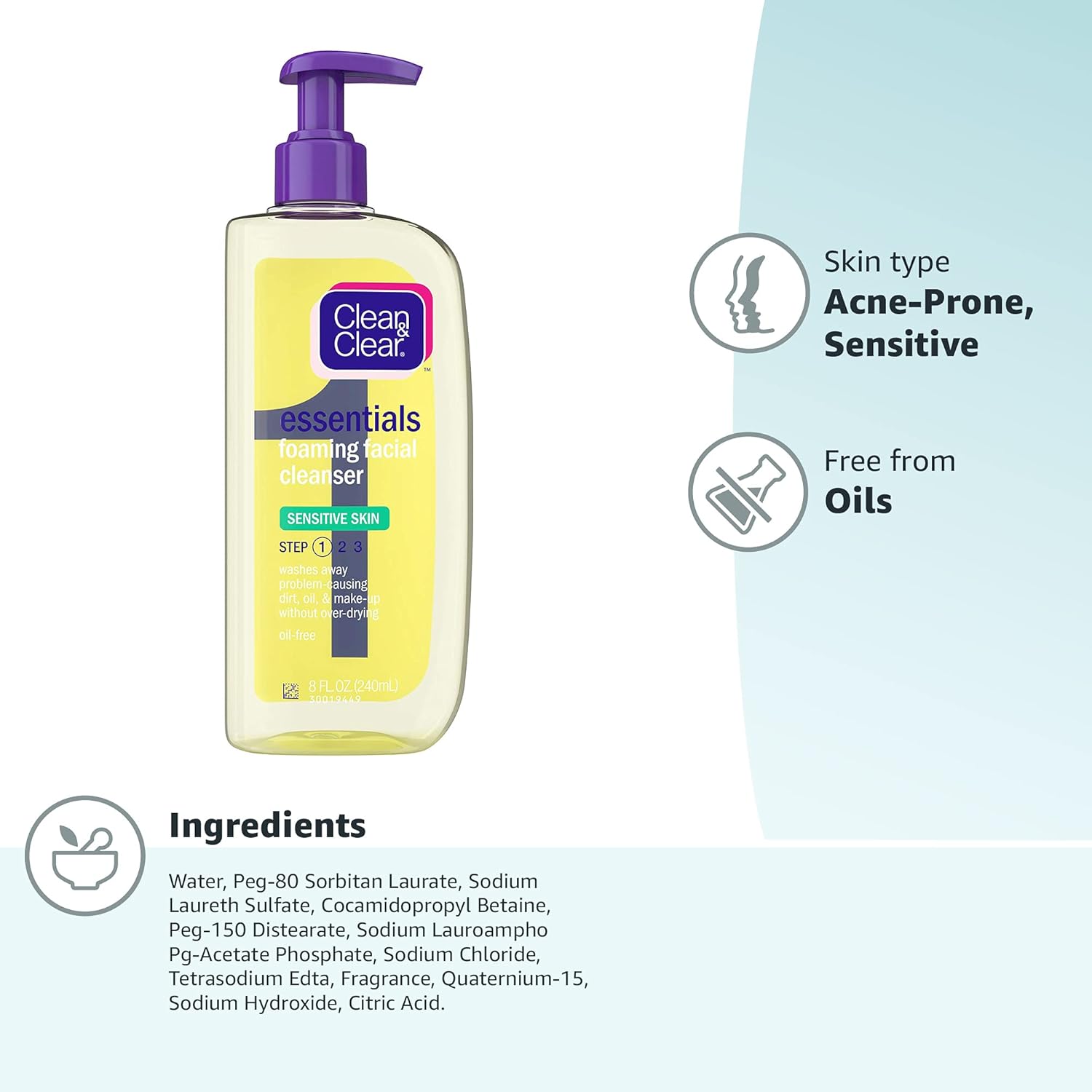Clean & Clear Essentials Foaming Facial Cleanser for Sensitive Skin, Oil-Free Daily Face Wash to Remove Dirt, Oil & Makeup, 8 fl. oz : Beauty & Personal Care