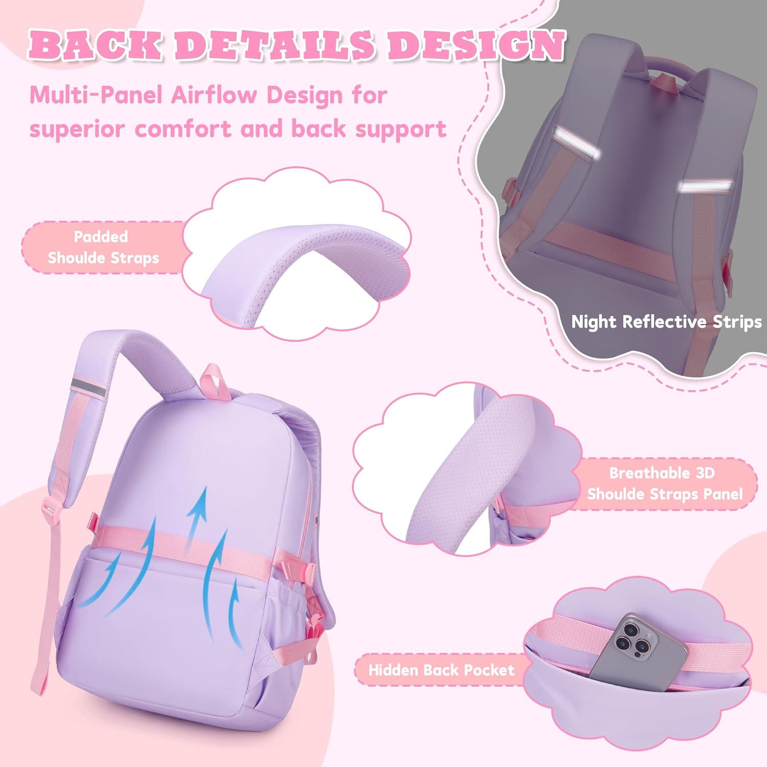 Kids Backpack, Backpack for Girls for Elementary School Multiple Pockets Ages 6-10(Purple) - Image 6