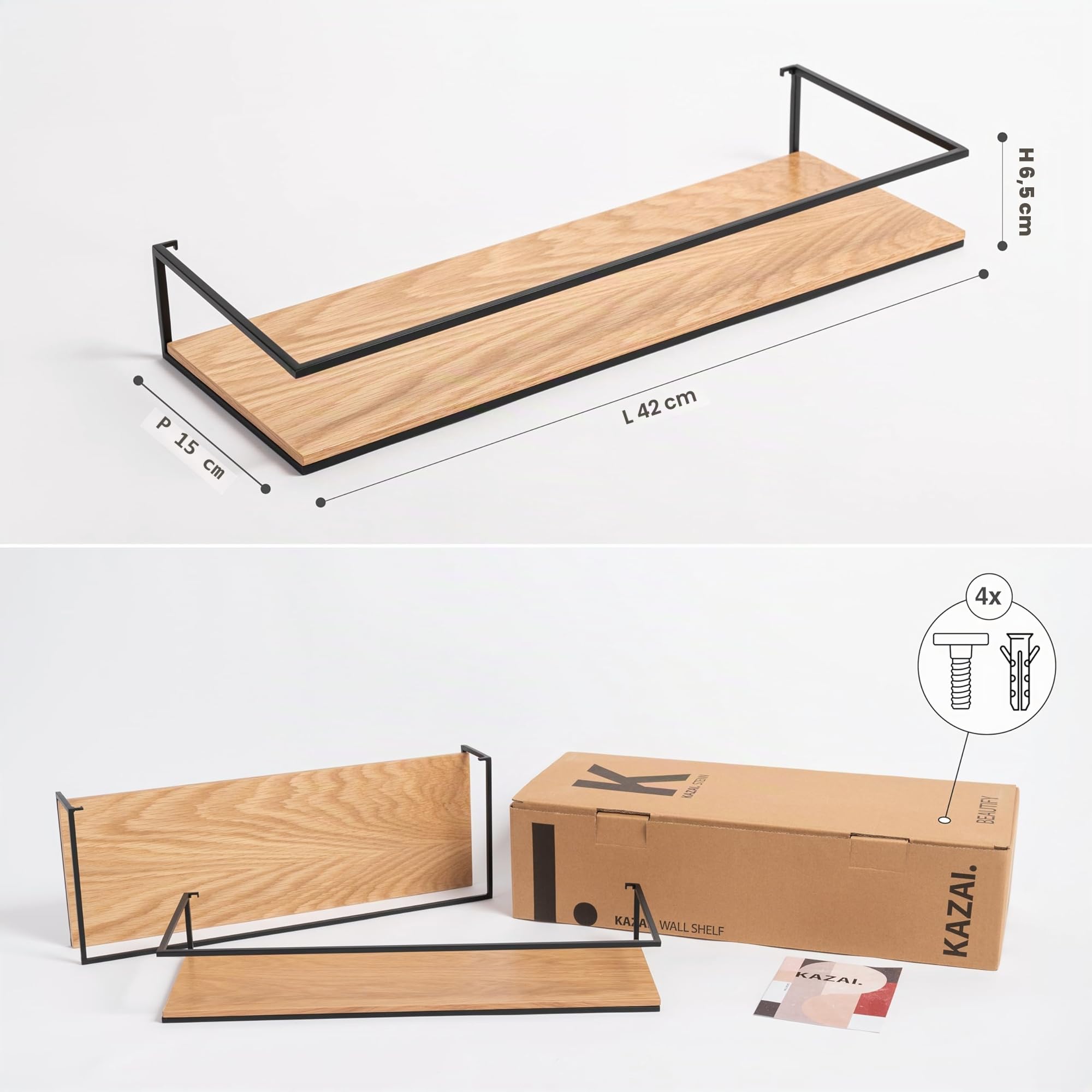 Kazai. Lot d'Étagères Murales -STENN- | Tablettes Murales en Métal et Bois Véritable Placage | Étagères Flottantes pour Salle de Bain, Salon, Cuisine, Chambre et Plus | Chêne
