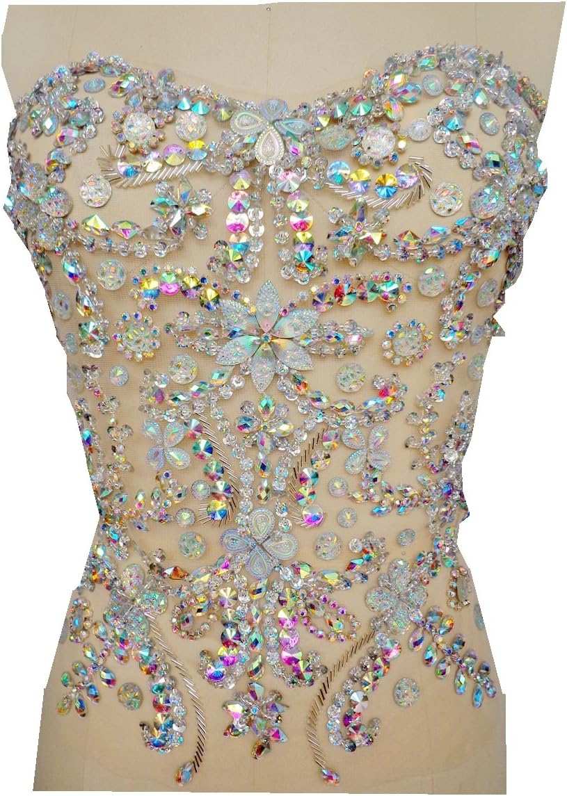 Zbroh Pure Hand Made Clear AB Colour Sew on Rhinestones Applique Crystals Patches 32X32cm for Top Dress Accessories