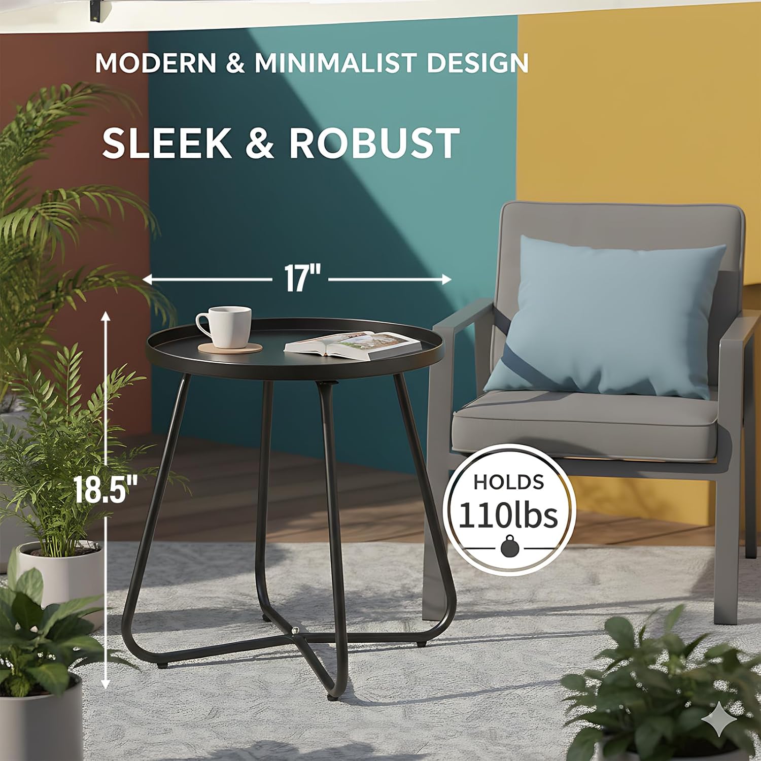 LITA Outdoor Side Table Metal Steel Weather Resistant Round End Table for Patio Balcony Living Room, Small Lightweight Weatherproof Accent Table,Black,Modern