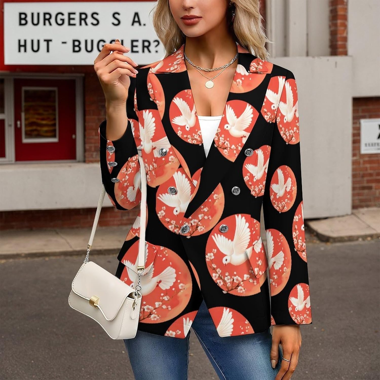Beautiful Flying White Dovees Women's Blazer Long Sleeve Suits Business Casual Blazers Jackets Lapel Open Front Suit