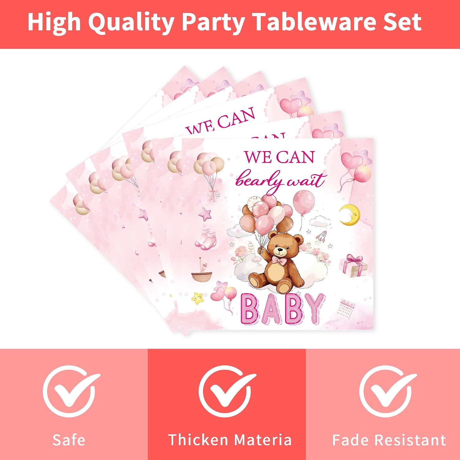 96 Pcs We Can Bearly Wait Baby Shower Decorations, Bear Tableware Set image 4