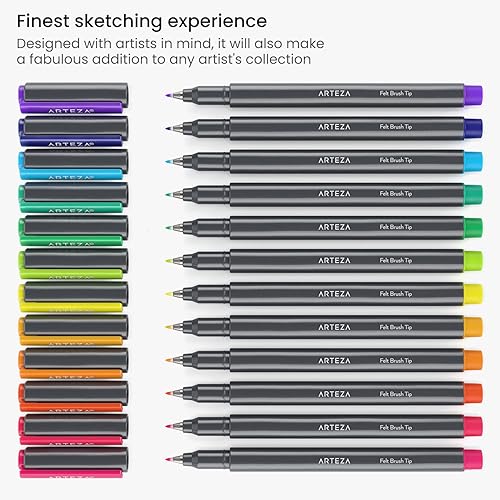 Miniatura 7 de ARTEZA Bolígrafos de punta de fieltro, juego de 12 bolígrafos de caligrafía con punta de pincel brillante para tomar notas, bocetos, sombreado