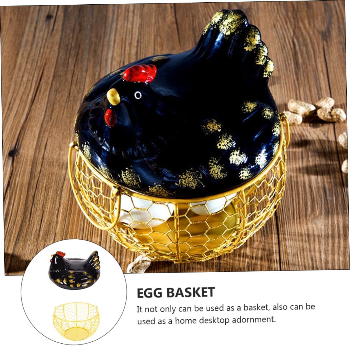 Rustic Iron Art Egg Storage Basket with Chicken Shape Egg Holder, Black Wire Fruit and Vegetable Container for Kitchen and Home Organization