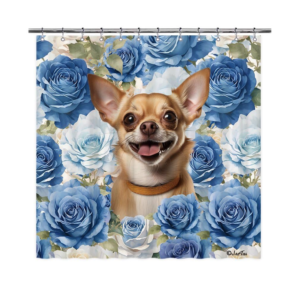 JaeTou Funny Dog Shower Curtains Chihuahua Dog in The Blue Flowers Decor Bathroom Curtain Waterproof, 72x72 Inches