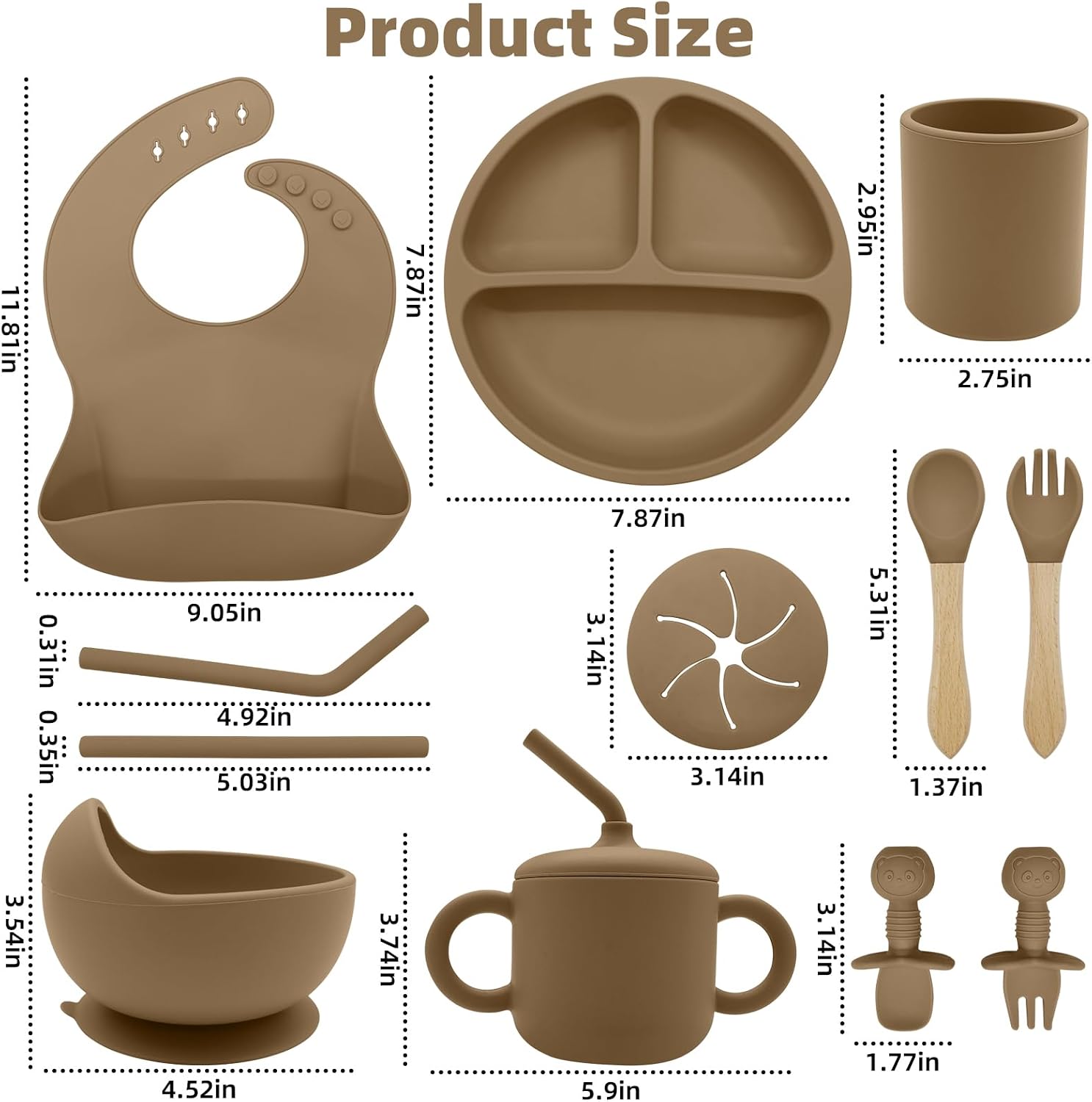 Silicone Baby Feeding Set | 9PCS Baby Feeding Utensils | Divided Suction Plate Bowl Bibs Sippy Cup with Baby Snack Container Spoons Forks (Khaki)