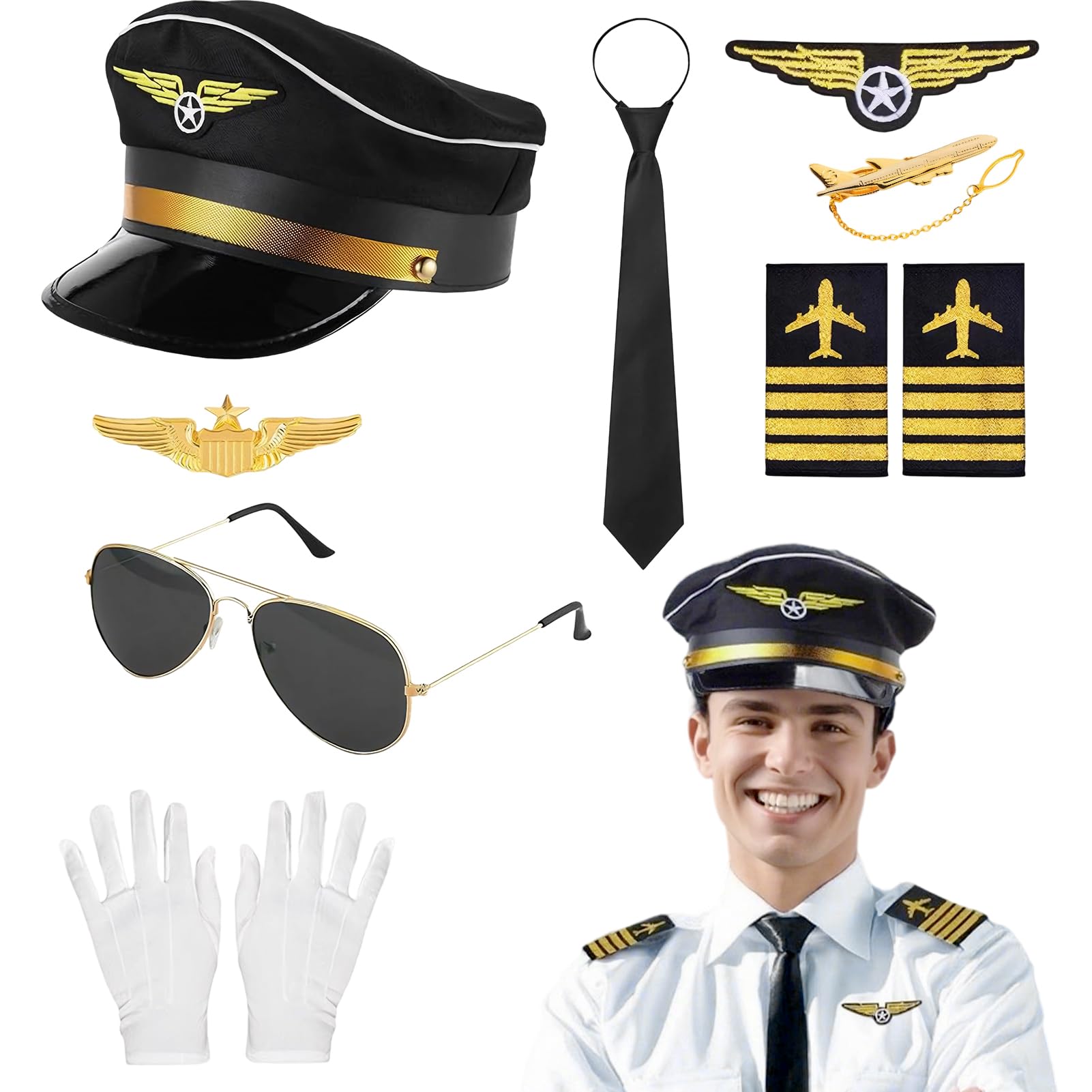 Pilot Hat Costume Set Adults Flight Attendant Fancy Dress Kit Captain Party Cosplay Accessories Airline Stewardess Costume Hat Brooch Gloves Sunglasses for Halloween Dress Up Flying Partys (Man)