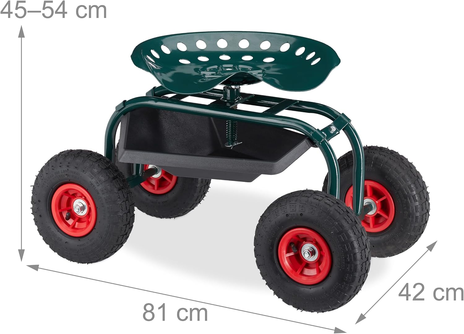 Relaxdays Rolling Garden Seat with dimensions labeled: 81 cm length, 42 cm width, and adjustable height from 45-54 cm.