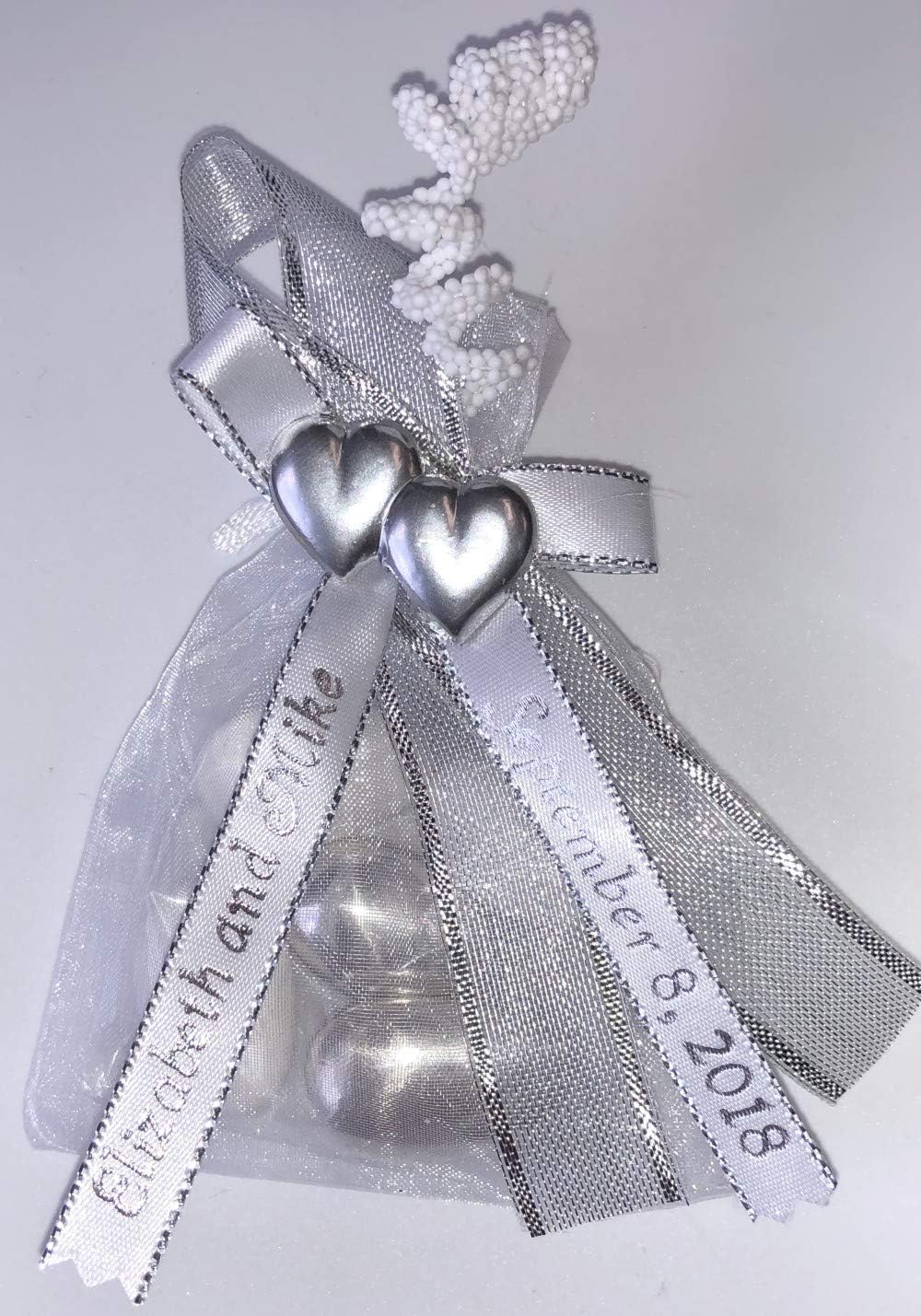 Unique Wedding Favors of Organza Bag with 5 Jordan Almonds, Personalized Ribbons & Double-Heart - set of 10 Favors (Gold)