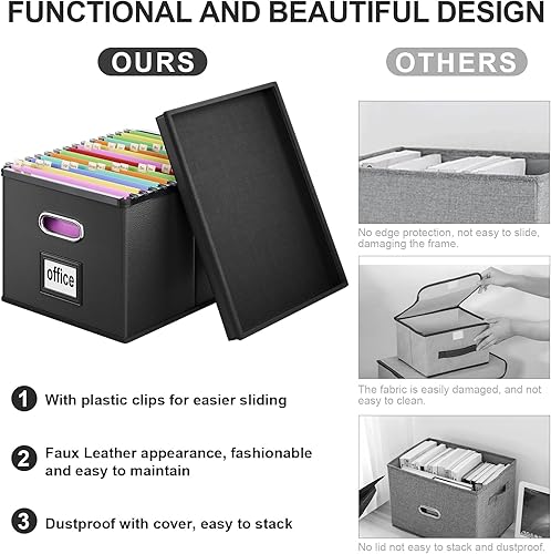 Miniatura 2 de Huolewa Cajas organizadoras de archivos de cuero portátiles con tapas, cajas de almacenamiento plegables de lino con tobogán de plástico, cajas