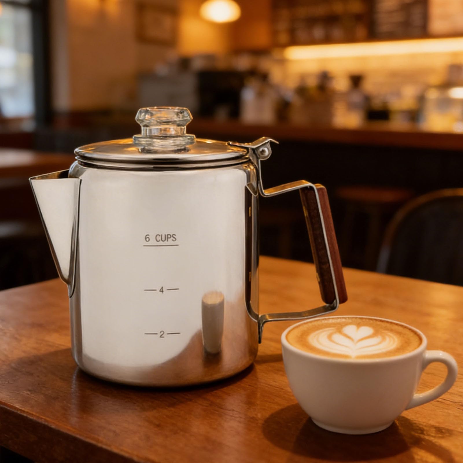 Luqeeg Caffettiera da Piano, Acciaio Inox (6 tazze 900-1500 ml) | Filtro Fine, Compatibile con Diversi Fornelli, Percolatore con Beccuccio a V e Manico in Legno per Campeggio e Picnic