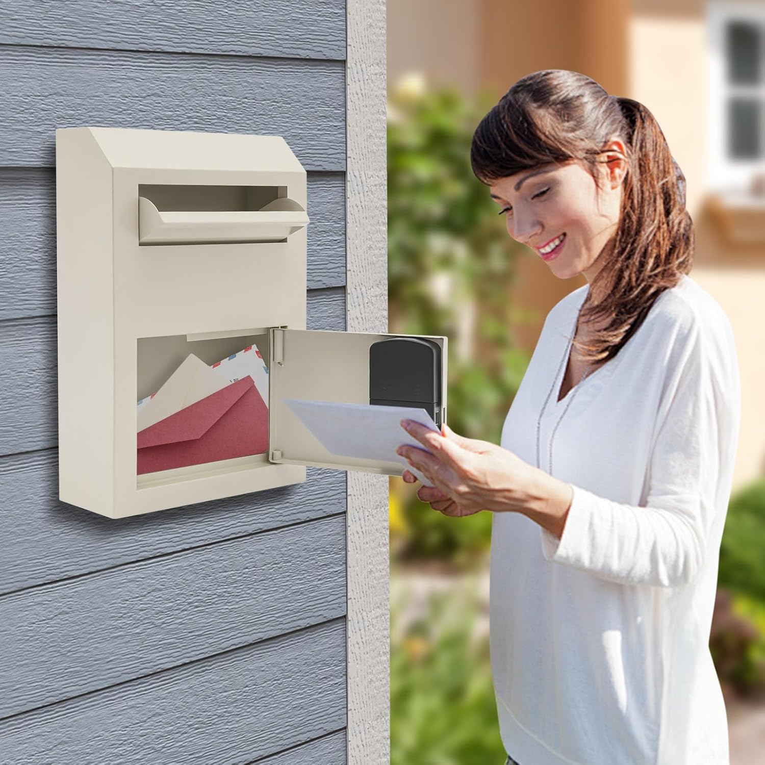 Locking Wall-Mount Mailbox, Steel Mail Boxes Outdoor with Password Lock, 10L x 4.25W x 15H Inches, White