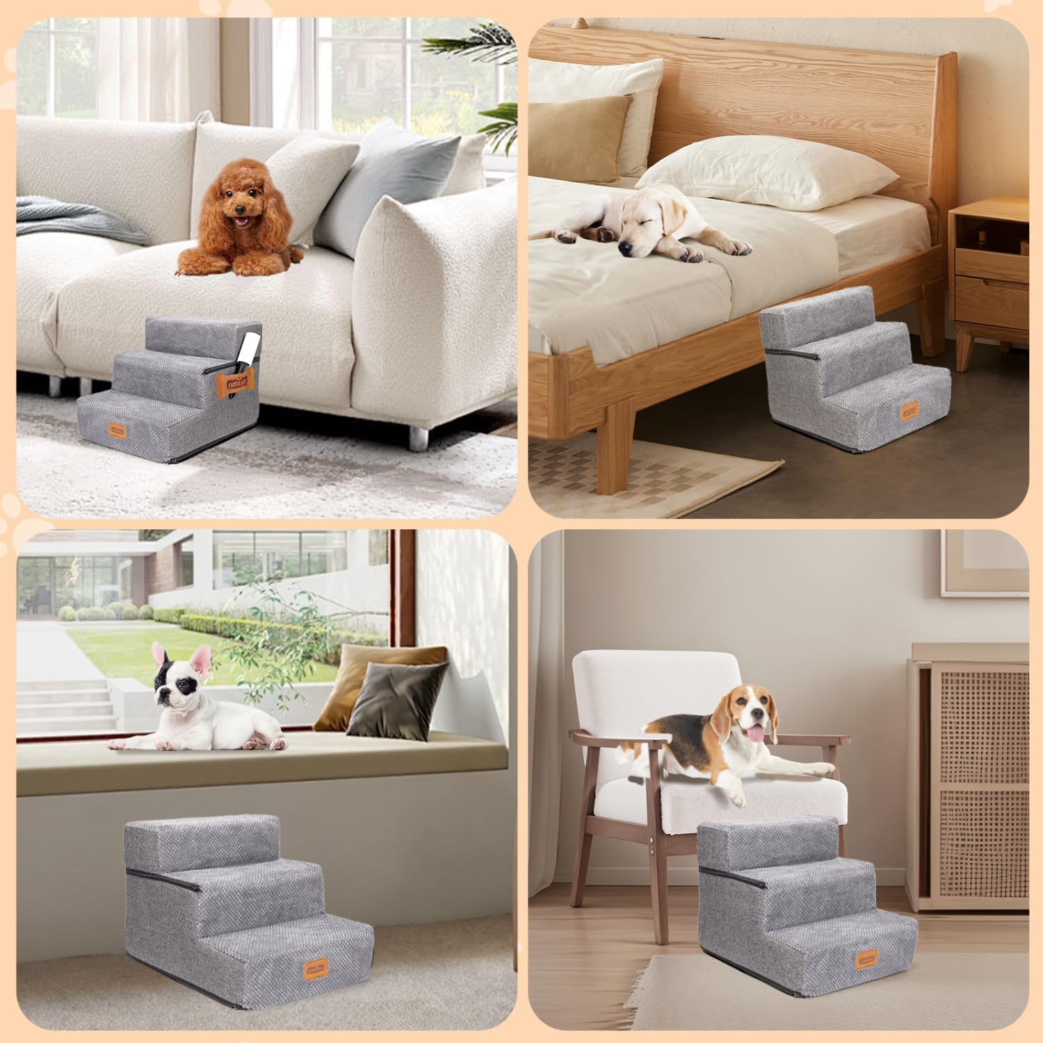 Nobleza Escalera para Perros, Rampa para Perros, Escalera para Cama de Perros Pequeños para Perros y Gatos, Escaleras para Perros Mascotas de 3 Escalones con Rodillo Quitapelusas