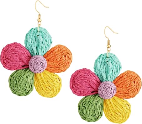 MINACHI Boho Rattan Colorful Flower Floral Dangle Drop Earrings, Handmade Bohemian Hippie Statement Jewelry Gift for Women